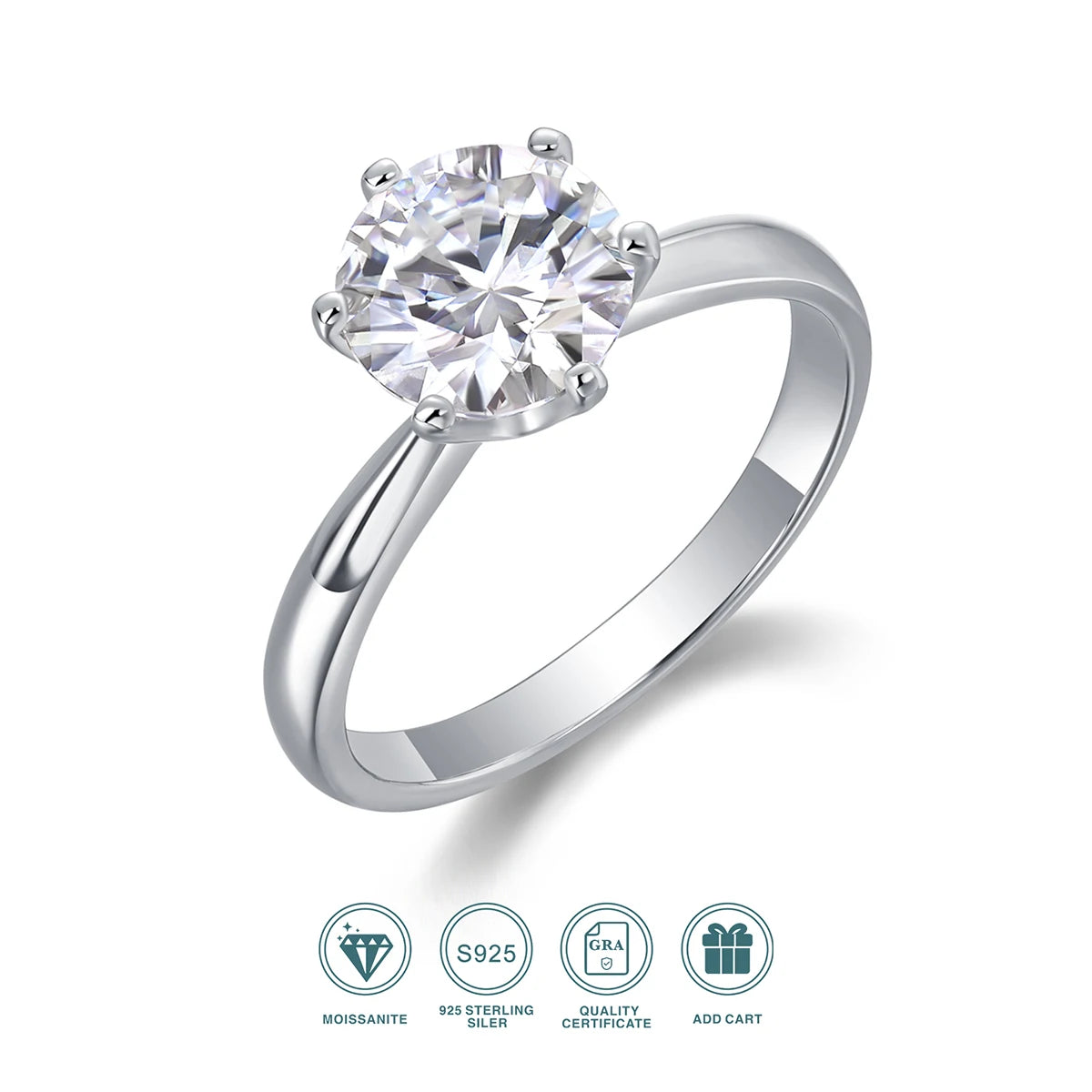 JIUZUAN 1/2/3/ct Classic Six-Prong Moissanite Ring, 925 Silver Plated 18K Gold, Classic Engagement Wedding Ring Sparkling Design