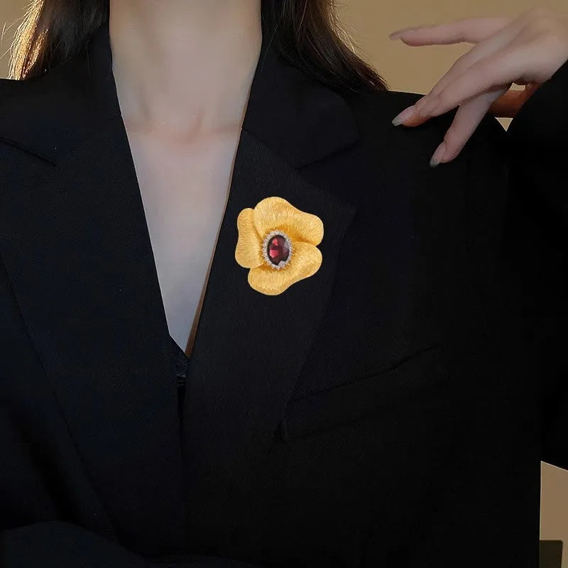 Ajojewel Large Metal Flower Brooch Red/Champagne Crystal Golden Pin Vintage To Clothe Cardigan Fashionable Gift