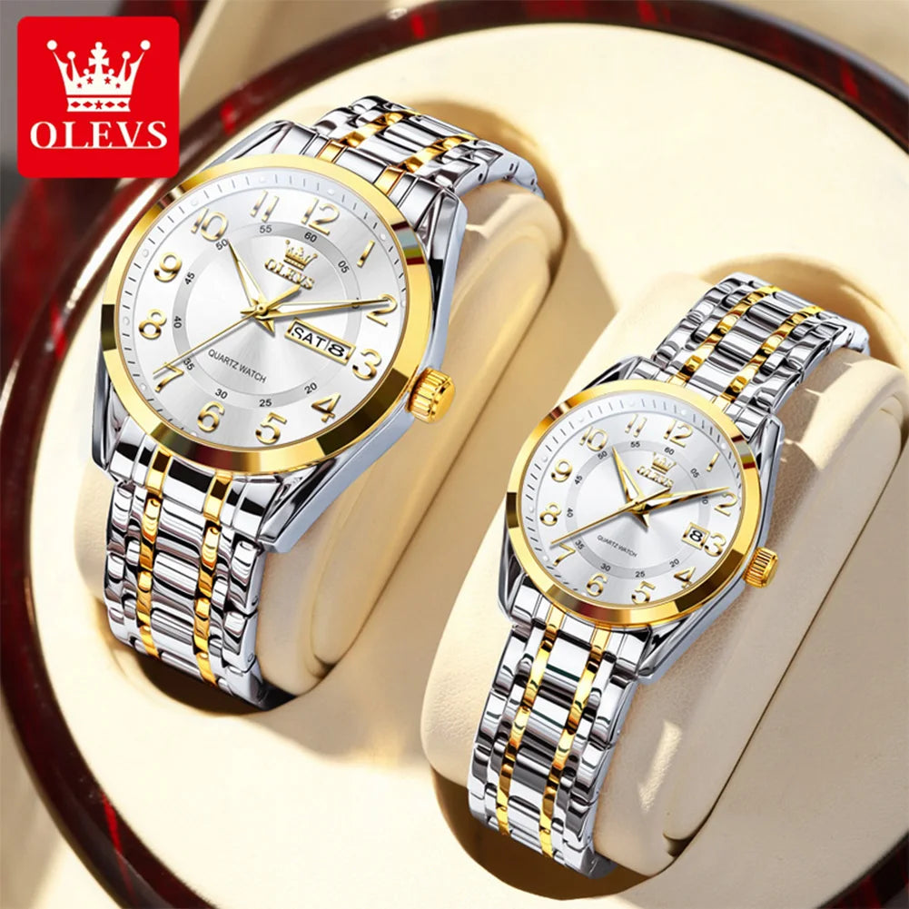 OLEVS 3666 Couple Watch Luxury Brand Quartz Watch Waterproof Watch Lover Gift Night Light Classic Date Week Clock His Her Watch