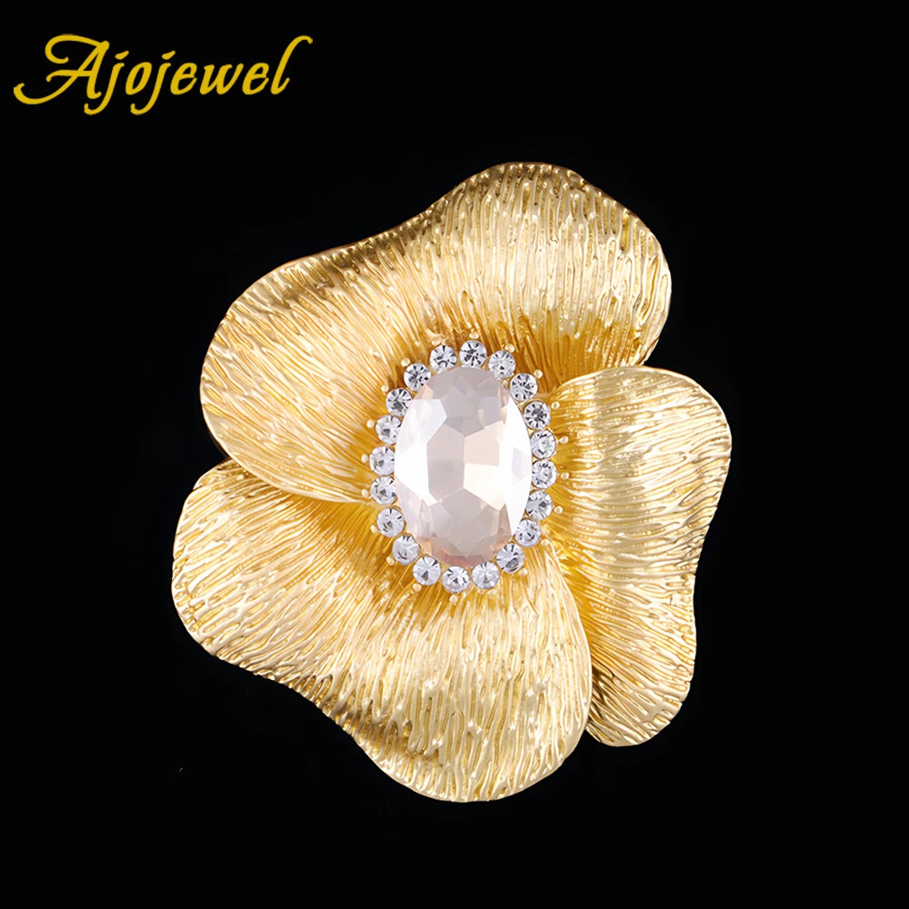 Ajojewel Large Metal Flower Brooch Red/Champagne Crystal Golden Pin Vintage To Clothe Cardigan Fashionable Gift