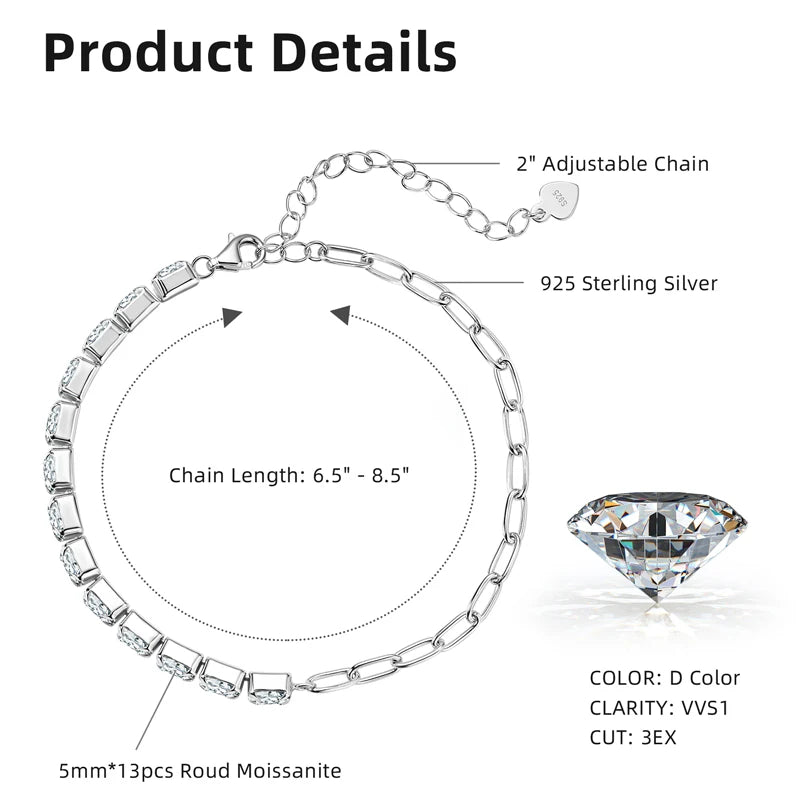 OXTAO D Color 2mm/5mm Moissanite Bracelet for Women 100% 925 Sterling Silver Round Cut Fine Birthday Jewelry Gift GRA Certified