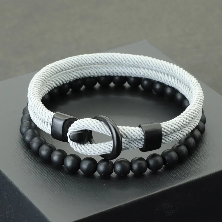 Noter New 2Pcs/Set Men Bracelet Set Double Layer Rope Nautical Braslet 6mm Black Onyx Stone Braclet Leisure Accessories Pulseria