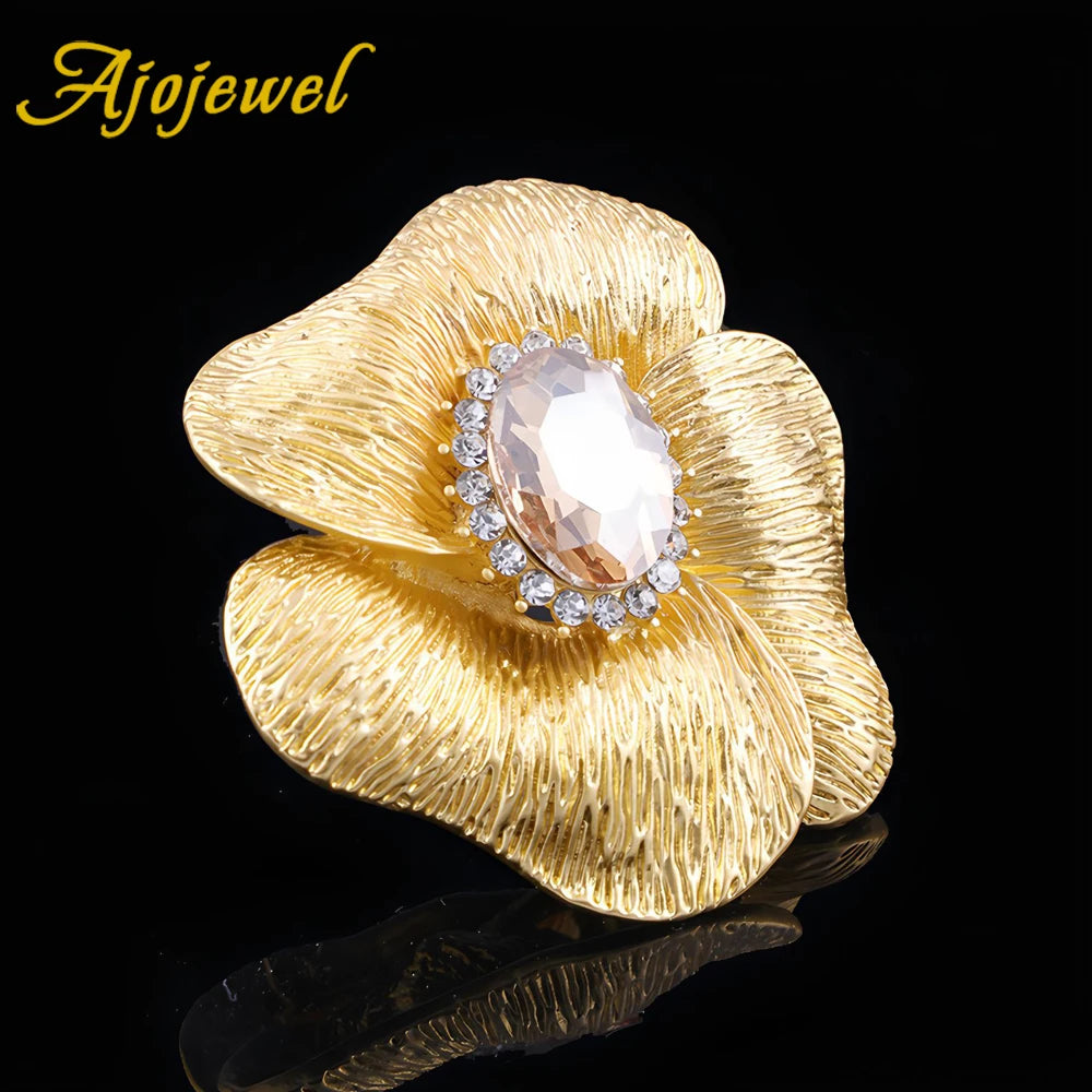 Ajojewel Large Metal Flower Brooch Red/Champagne Crystal Golden Pin Vintage To Clothe Cardigan Fashionable Gift