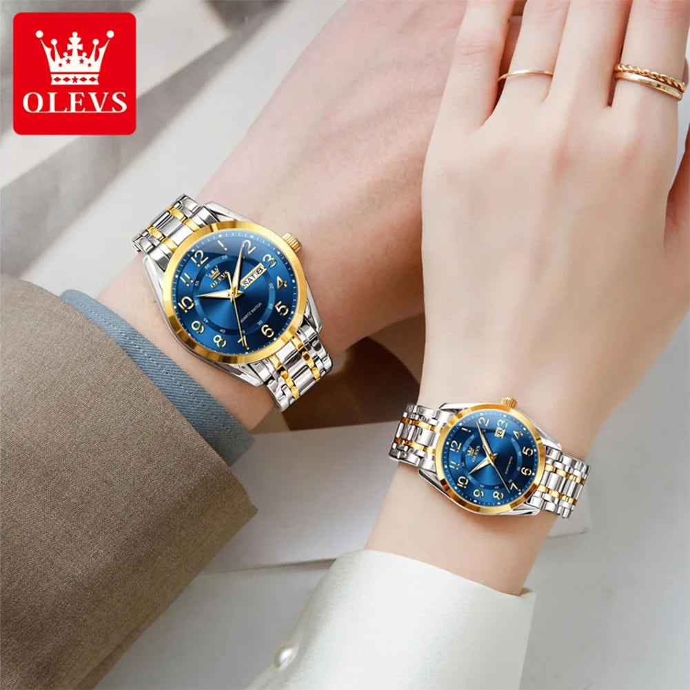 OLEVS 3666 Couple Watch Luxury Brand Quartz Watch Waterproof Watch Lover Gift Night Light Classic Date Week Clock His Her Watch