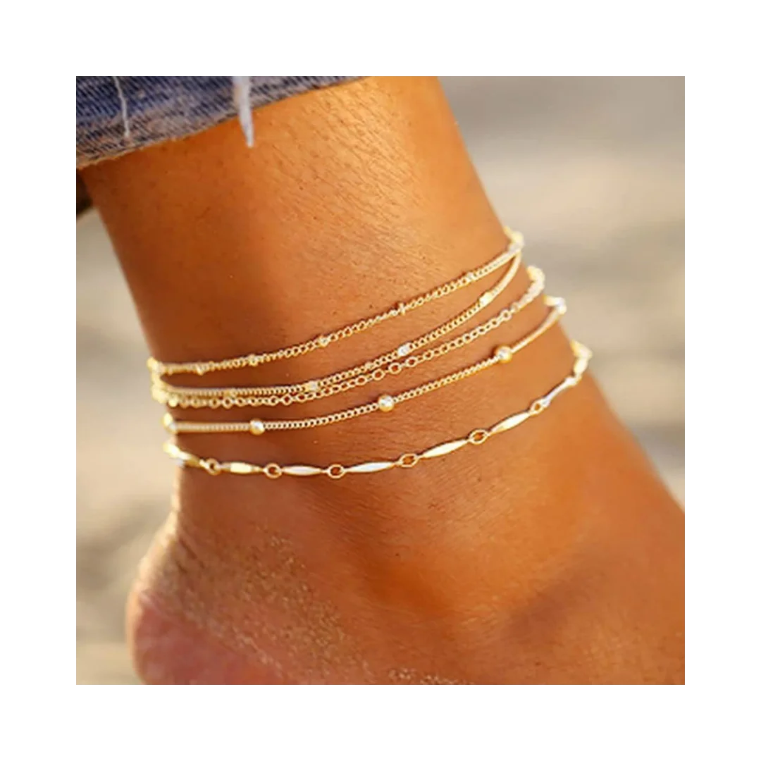 2025 New Gold color Multi-Layer Anklet Set (5-Piece Set) Simple Chain Design Fashionable Beach Party Accessories Wear