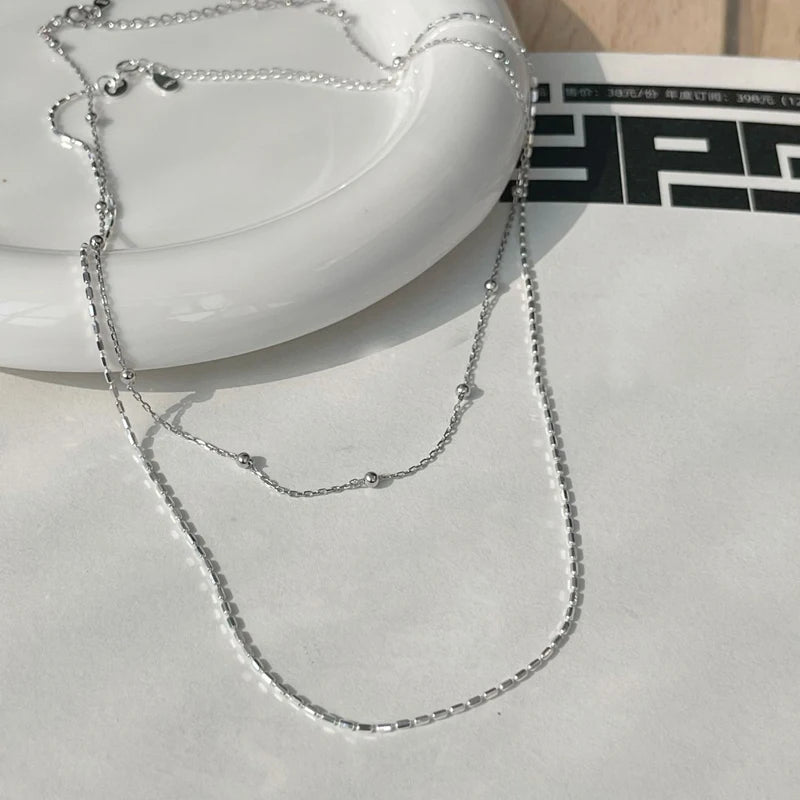 925 Sterling Silver Necklace With Simple Geometric Beads Choker Shiny And Delicate Collarbone Chain For Women Fashion Jewellery