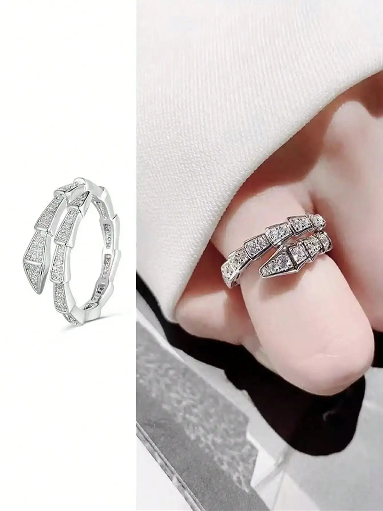 1PC Adjustable Snake Ring, Platinum Plated Open-Ended Ring – AAA Cubic Zirconia Non-Tarnish Jewelry for Men & Women