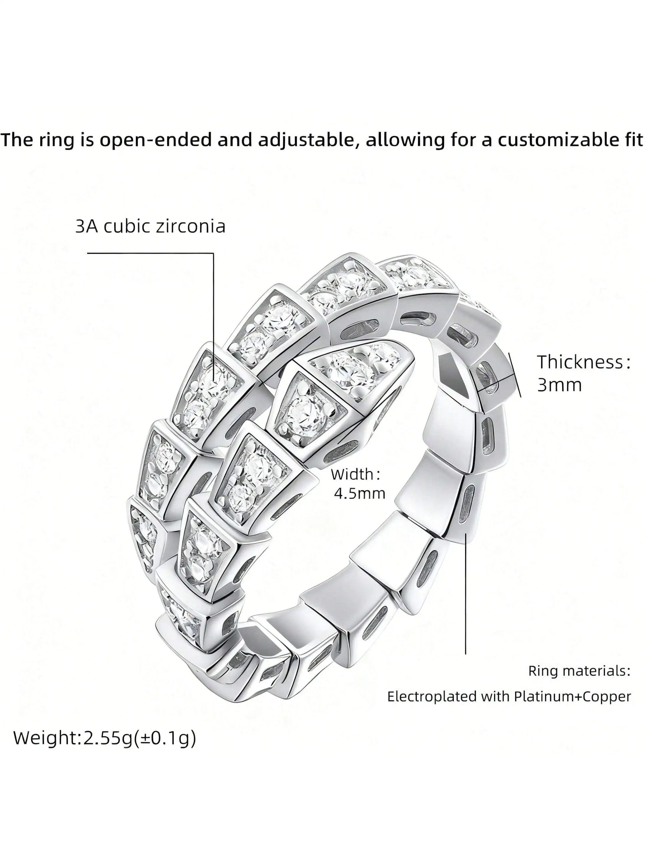 1PC Adjustable Snake Ring, Platinum Plated Open-Ended Ring – AAA Cubic Zirconia Non-Tarnish Jewelry for Men & Women