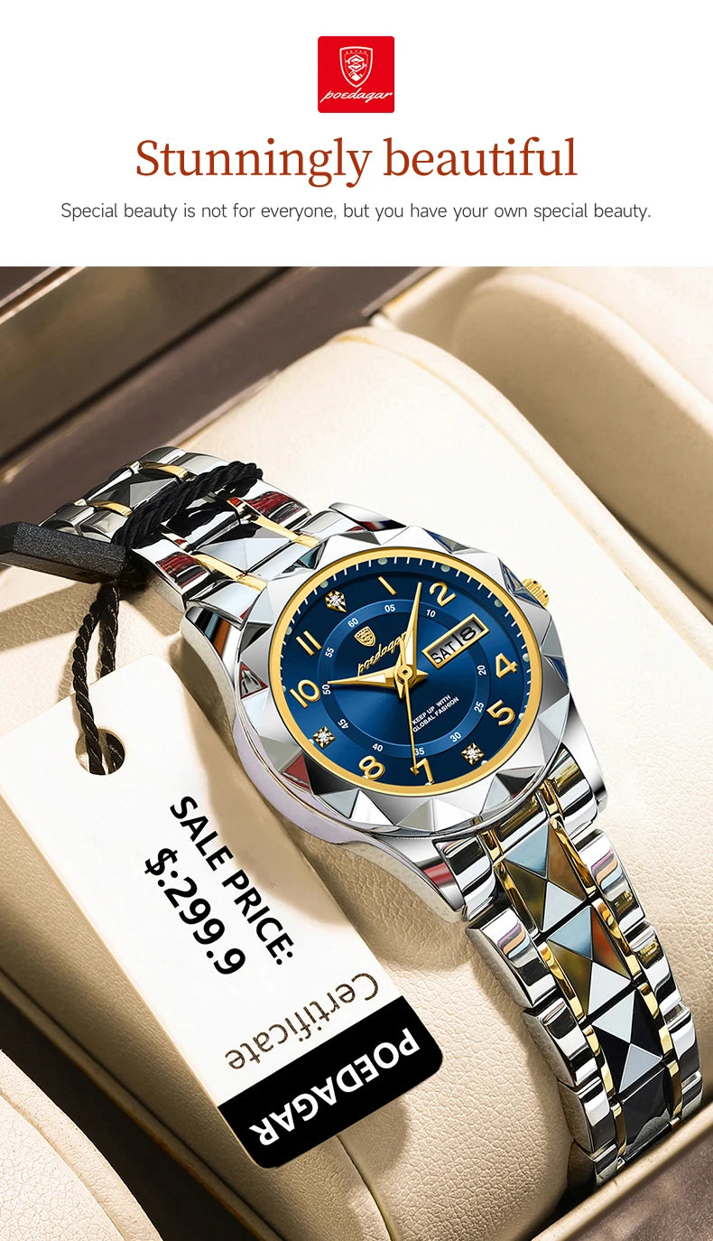 POEDAGAR Luxury Women's Watches Waterproof Luminous Date Week Ladies Watch for Female Quartz Stainless Steel Dress Women Watch