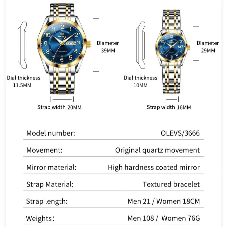 OLEVS 3666 Couple Watch Luxury Brand Quartz Watch Waterproof Watch Lover Gift Night Light Classic Date Week Clock His Her Watch