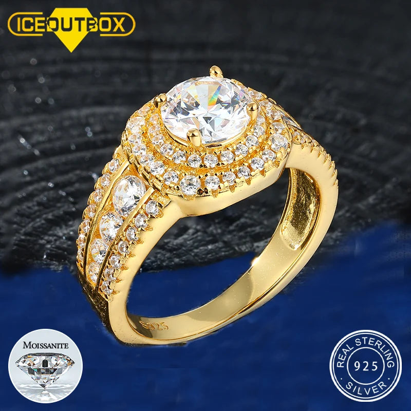 Luxury 925 Sterling Silver Moissanite Round Ice Diamond Ring for Women Men Wedding Party Band Jewelry Gifts 18K Gold Plated
