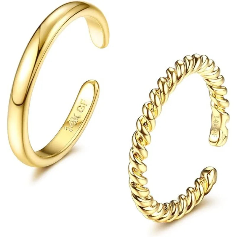2Pcs 14K Gold Plated Toe Rings for Women Simple Open Band Toe Ring Adjustable Toe Rings Jewellry Gifts