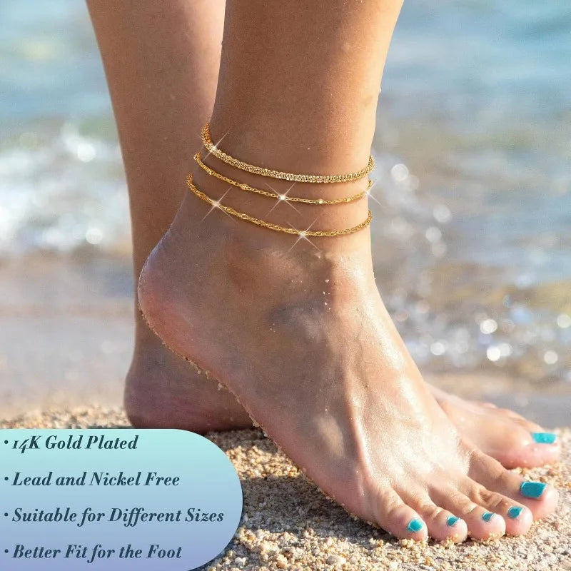 Ankle Bracelets for Women Waterproof, 14K Gold Plated Stainless Steel Cuban Figaro Link Chain Beaded Anklets Set, Non Tarnish