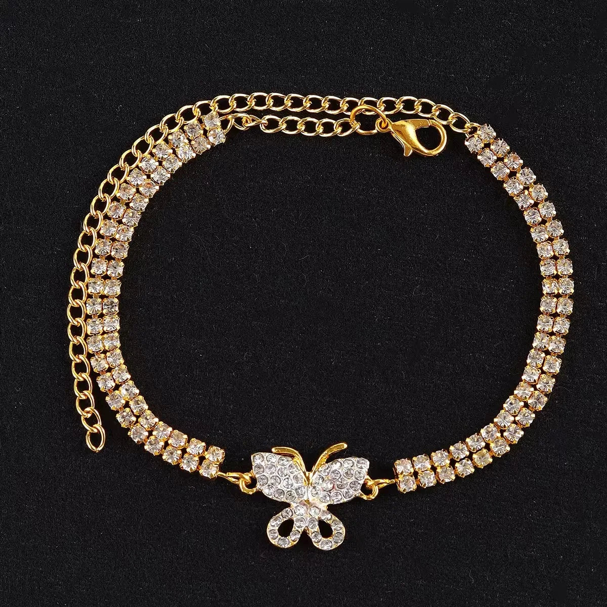 New trendy rhinestone butterfly anklet, minimalist double-row rhinestone-encrusted foot ornament for women.