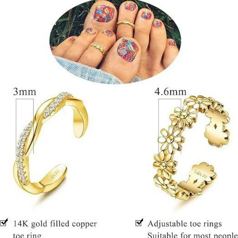 14K Gold-Plated Adjustable Zircon Foot Ring Two-Piece Set for Women During Summer Beach Vacation Toe Ring Jewelry Accessories