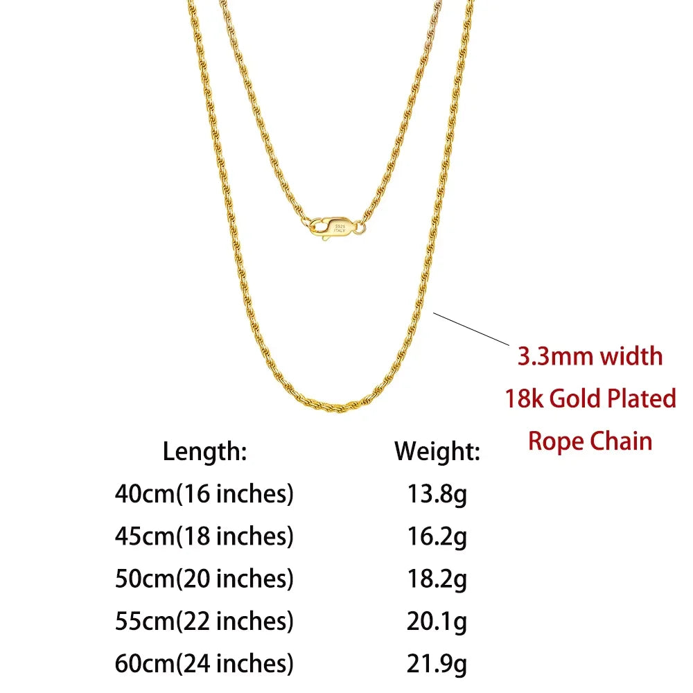 Rinntin Luxury 925 Sterling Silver Diamond-Cut Rope Chain Necklace For Men Women Fashion Italian Silver Neck Chain Jewelry SC29
