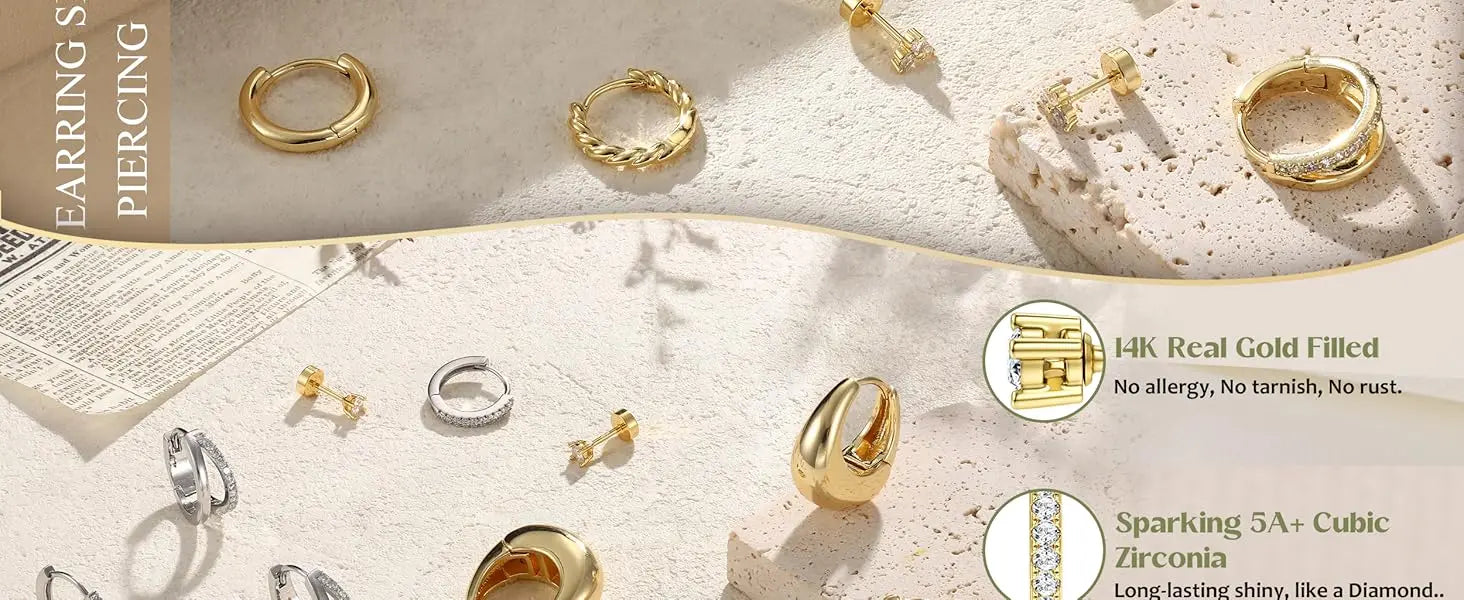 4 Pairs 14K Gold Plated Hoop Earrings for Women Surgical Steel Huggie Earings Stacks Set Dainty Cartilage Flat Back Stud Jewelry