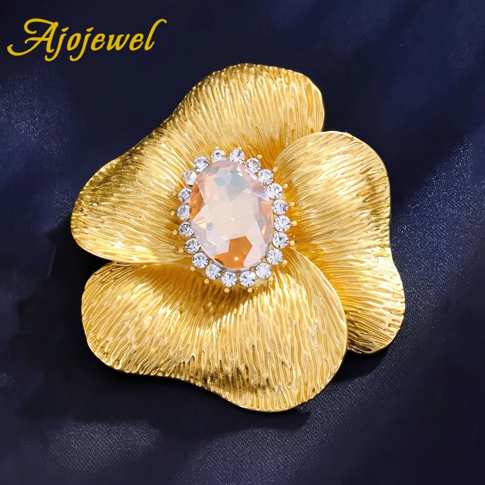 Ajojewel Large Metal Flower Brooch Red/Champagne Crystal Golden Pin Vintage To Clothe Cardigan Fashionable Gift