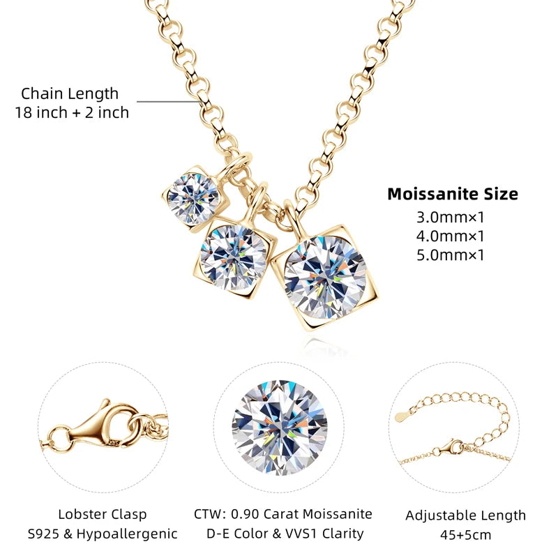 OXTAO Real 925 Silver Three Stone Moissanite Pendant Necklace Glittering Diamond for Women Chain Necklaces Jewelry Gift