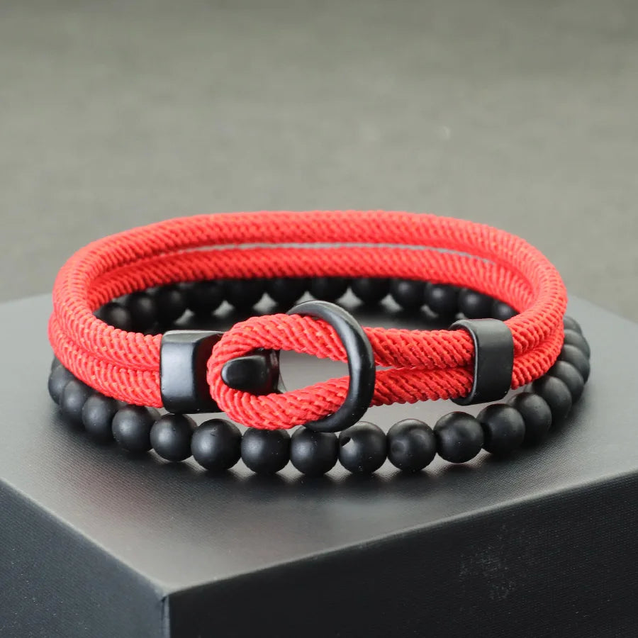 Noter New 2Pcs/Set Men Bracelet Set Double Layer Rope Nautical Braslet 6mm Black Onyx Stone Braclet Leisure Accessories Pulseria