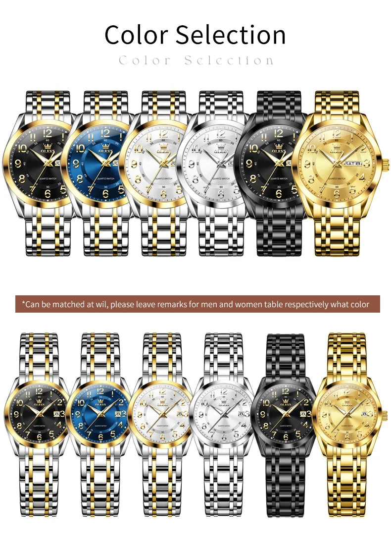 OLEVS 3666 Couple Watch Luxury Brand Quartz Watch Waterproof Watch Lover Gift Night Light Classic Date Week Clock His Her Watch