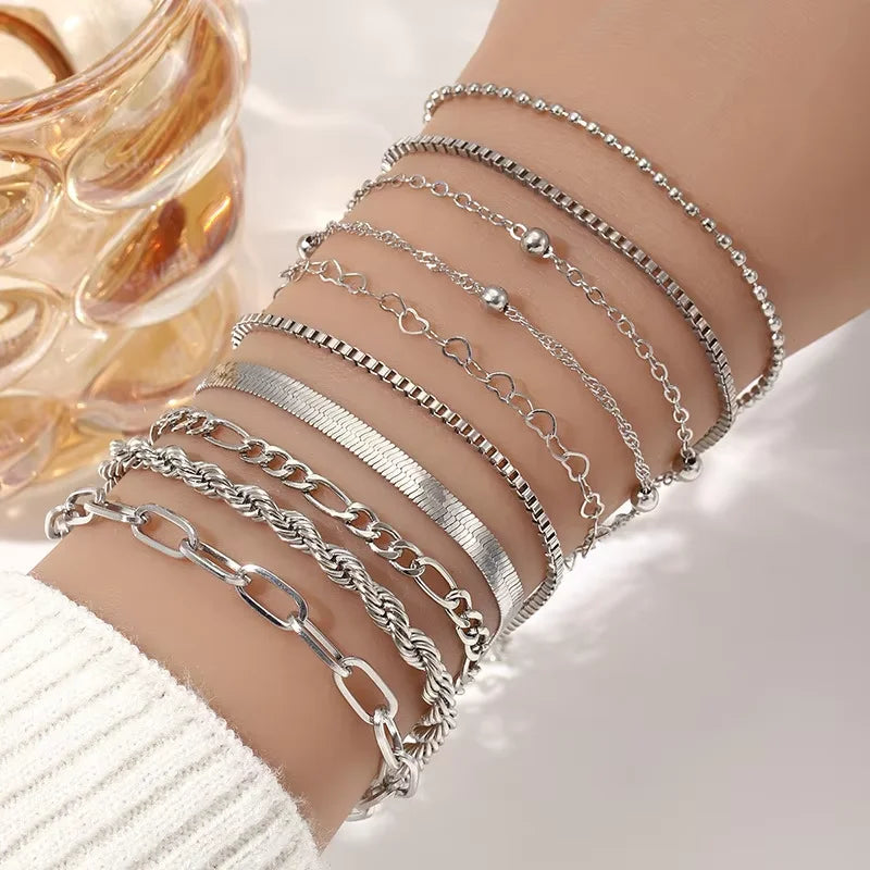 Fashion Flat Snake Chain Box Chain Bracelet Creative Heart-shaped Chain Twisted Chain Stacked Bracelet Set Women's Daily Jewelry