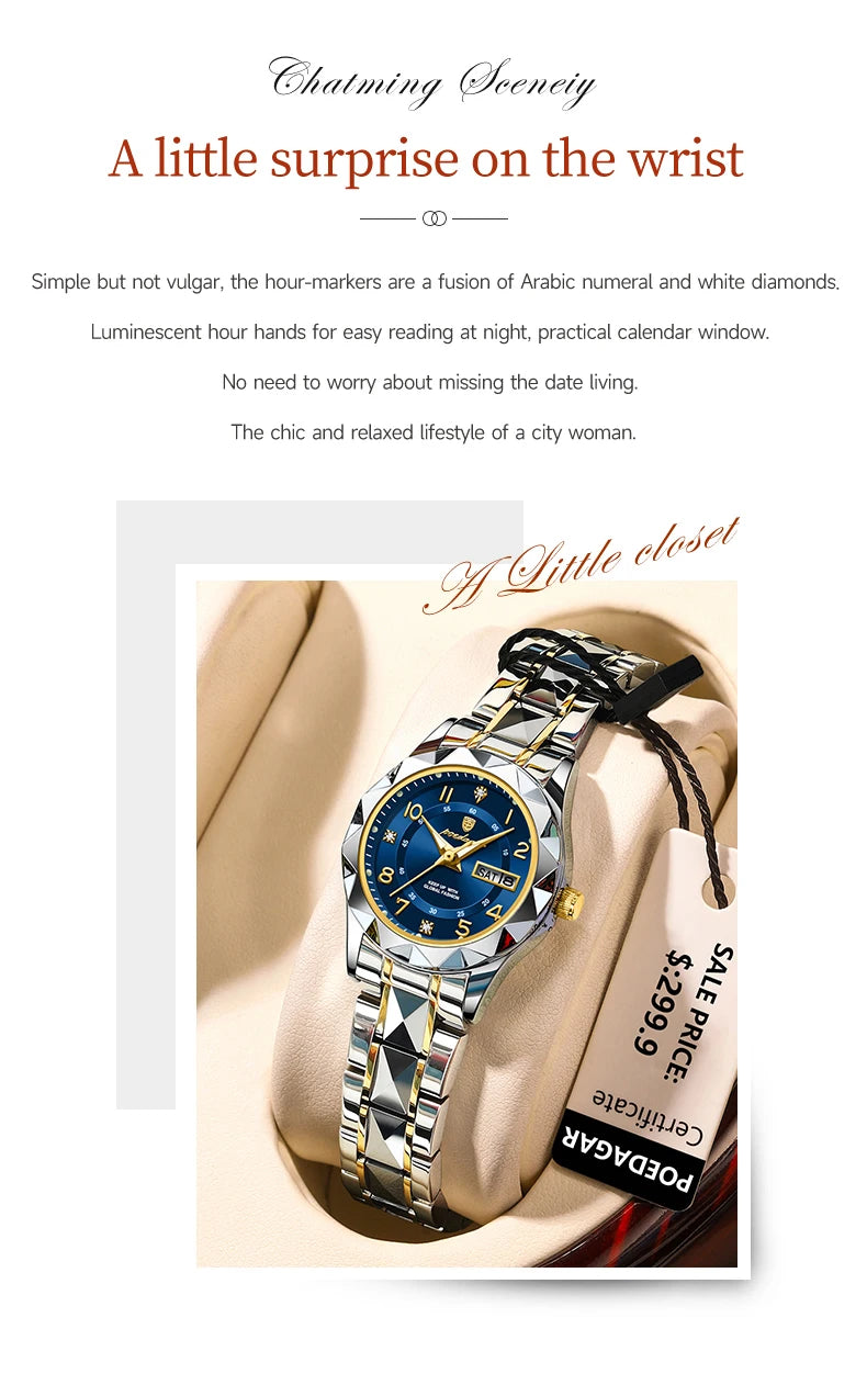 POEDAGAR Luxury Women's Watches Waterproof Luminous Date Week Ladies Watch for Female Quartz Stainless Steel Dress Women Watch