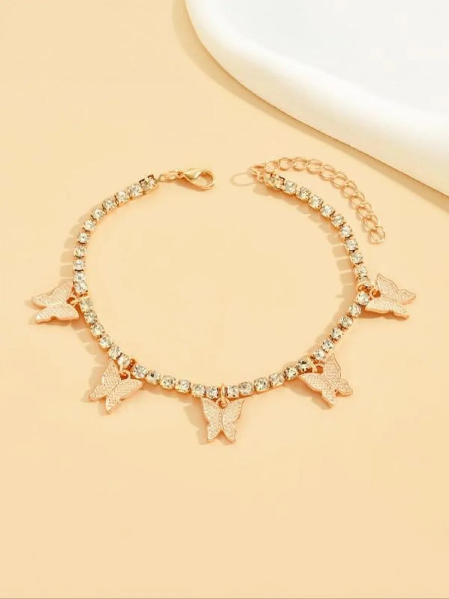 Women's Elegant Butterfly Design Anklet, Fashion Glamorous Rhinestone Anklet for Women & Gift, Casual Vacation Beach Jewelry Acc