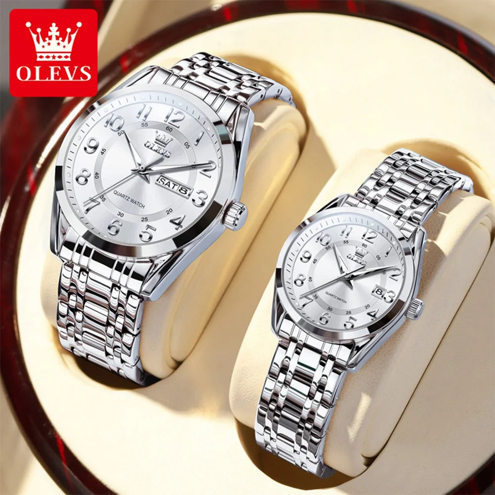 OLEVS 3666 Couple Watch Luxury Brand Quartz Watch Waterproof Watch Lover Gift Night Light Classic Date Week Clock His Her Watch