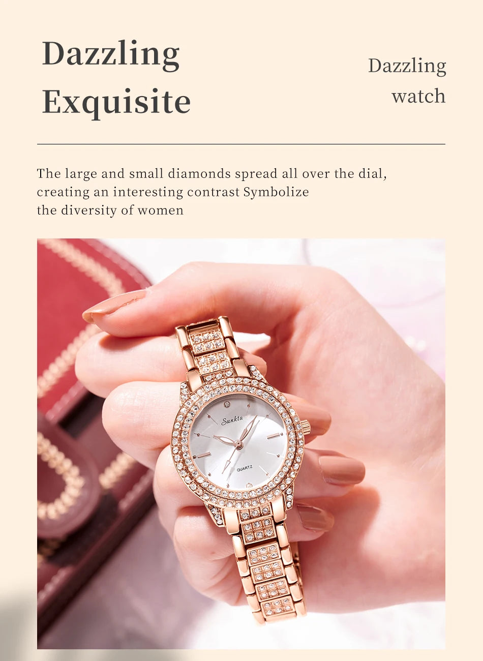 SUNKTA Women Wristwatches Relojes Para Mujer Luxury Classic Golden Watch Women Alloy Strap Round Rhinestone Dail Quartz Watches