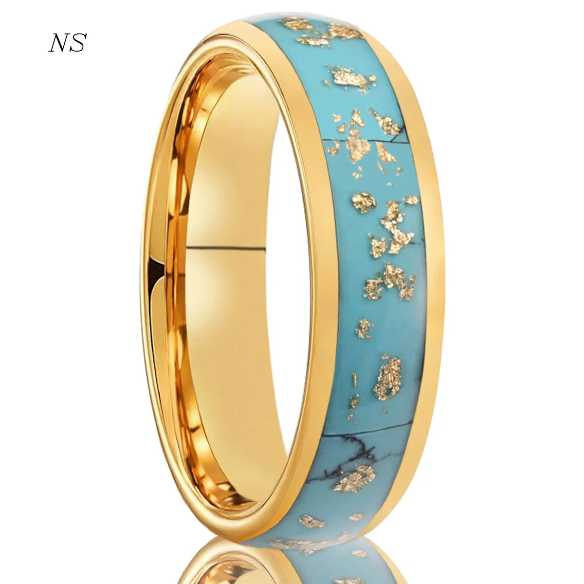 6MM Turquoise Inlay Broken Gold Foil Tungsten Rings Engagement Gold Plating Band For Man Woman Jewelry Luxury Design Gifts