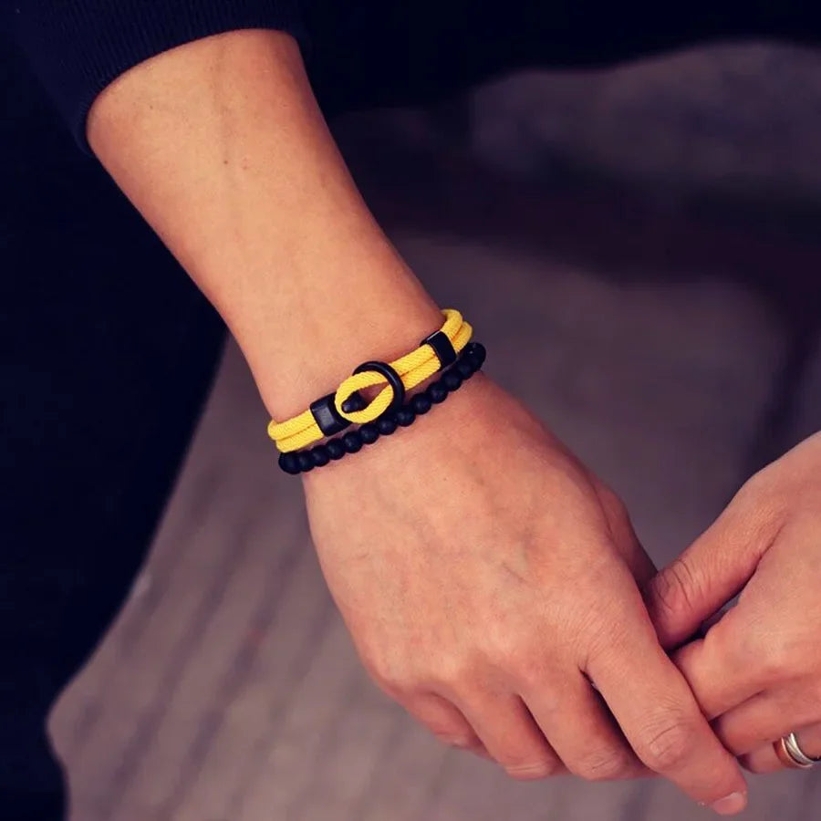 Noter New 2Pcs/Set Men Bracelet Set Double Layer Rope Nautical Braslet 6mm Black Onyx Stone Braclet Leisure Accessories Pulseria