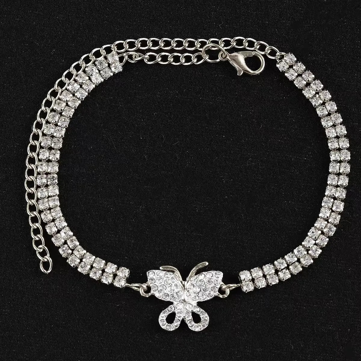 New trendy rhinestone butterfly anklet, minimalist double-row rhinestone-encrusted foot ornament for women.