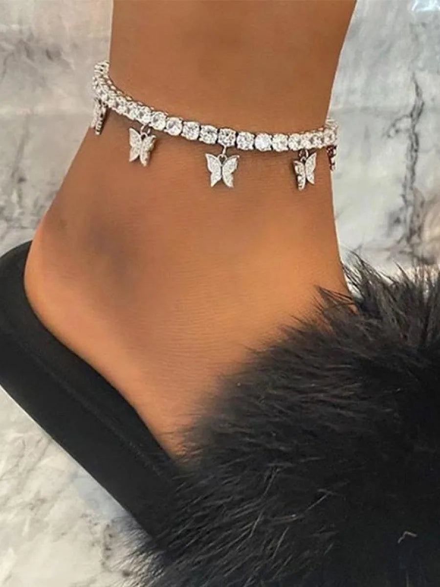 Women's Elegant Butterfly Design Anklet, Fashion Glamorous Rhinestone Anklet for Women & Gift, Casual Vacation Beach Jewelry Acc