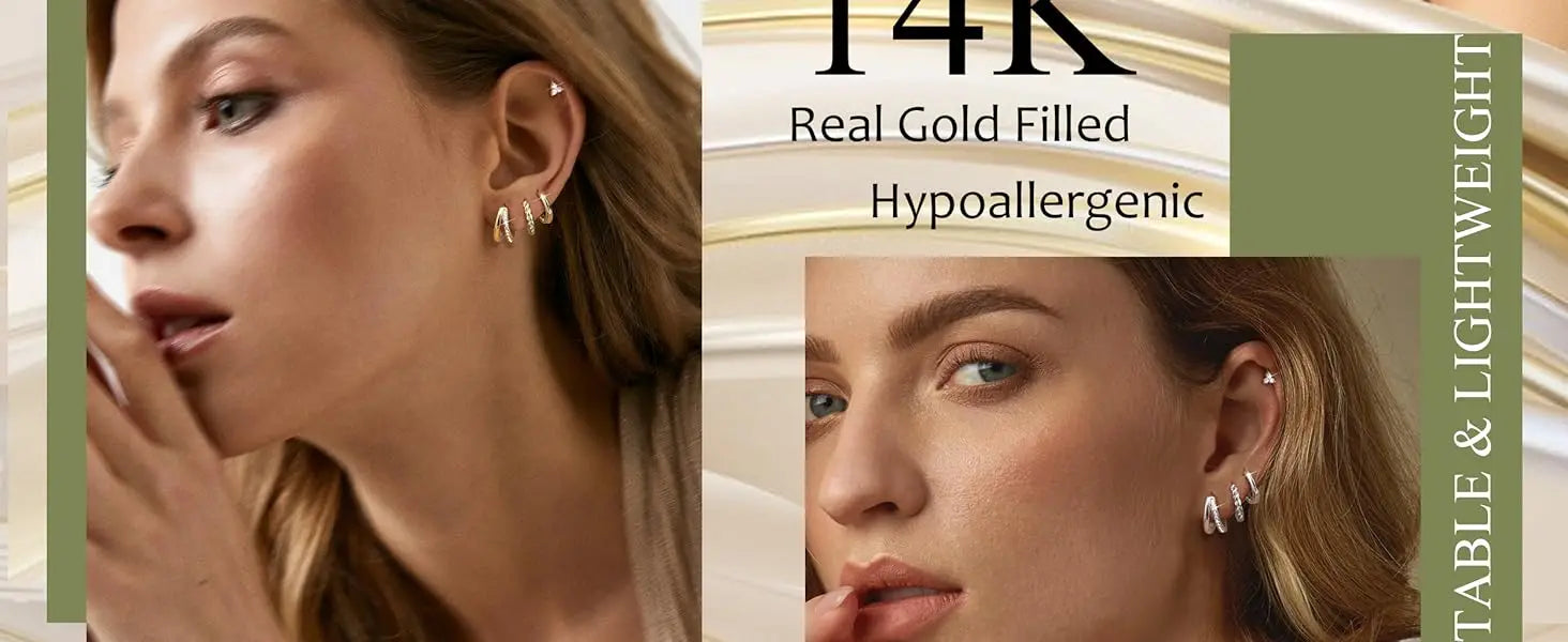 4 Pairs 14K Gold Plated Hoop Earrings for Women Surgical Steel Huggie Earings Stacks Set Dainty Cartilage Flat Back Stud Jewelry