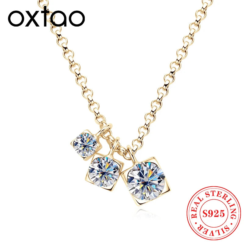 OXTAO Real 925 Silver Three Stone Moissanite Pendant Necklace Glittering Diamond for Women Chain Necklaces Jewelry Gift