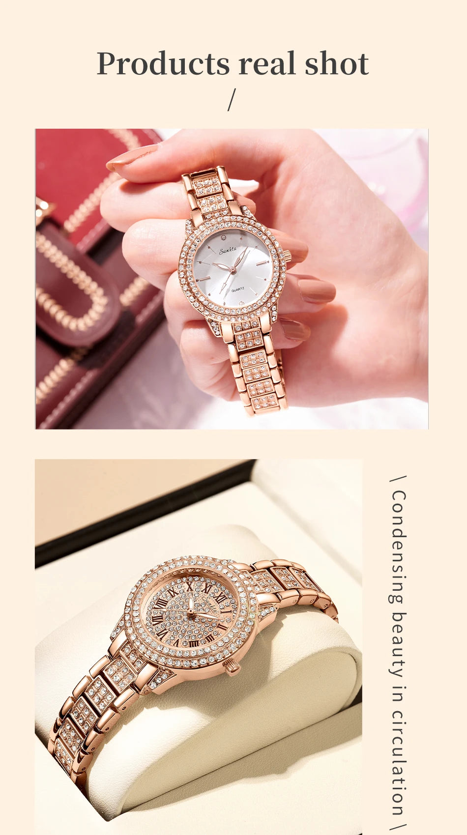 SUNKTA Women Wristwatches Relojes Para Mujer Luxury Classic Golden Watch Women Alloy Strap Round Rhinestone Dail Quartz Watches