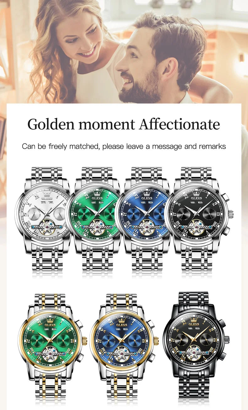 100% Original OLEVS Automatic Mechanical Couple Wrist Watches for Men and Women Waterproof Watches His or Hers Lover's Watch Set