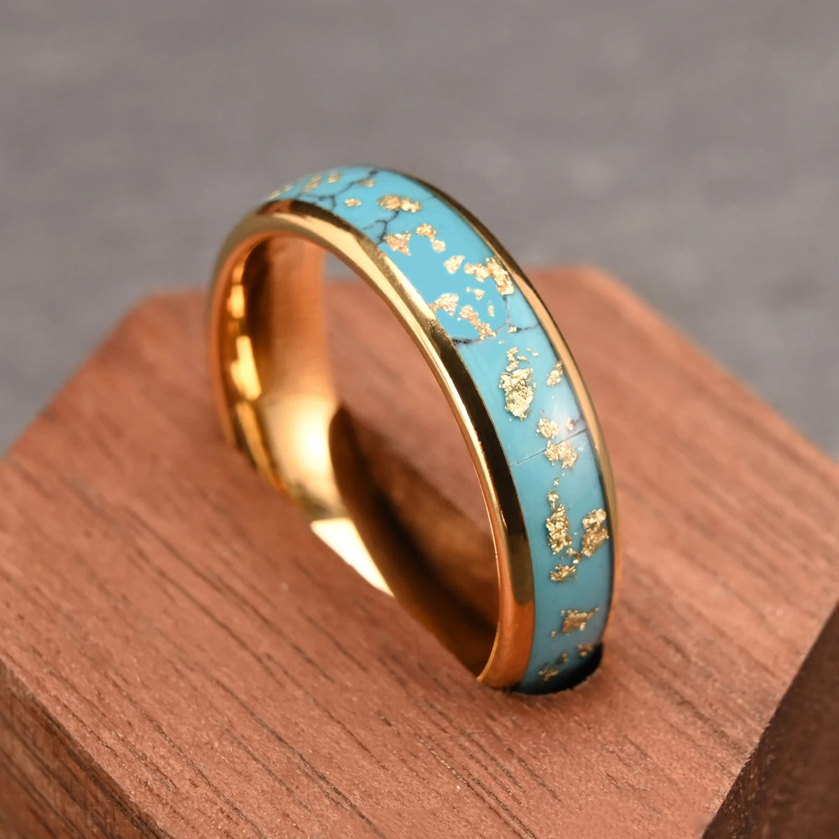 6MM Turquoise Inlay Broken Gold Foil Tungsten Rings Engagement Gold Plating Band For Man Woman Jewelry Luxury Design Gifts