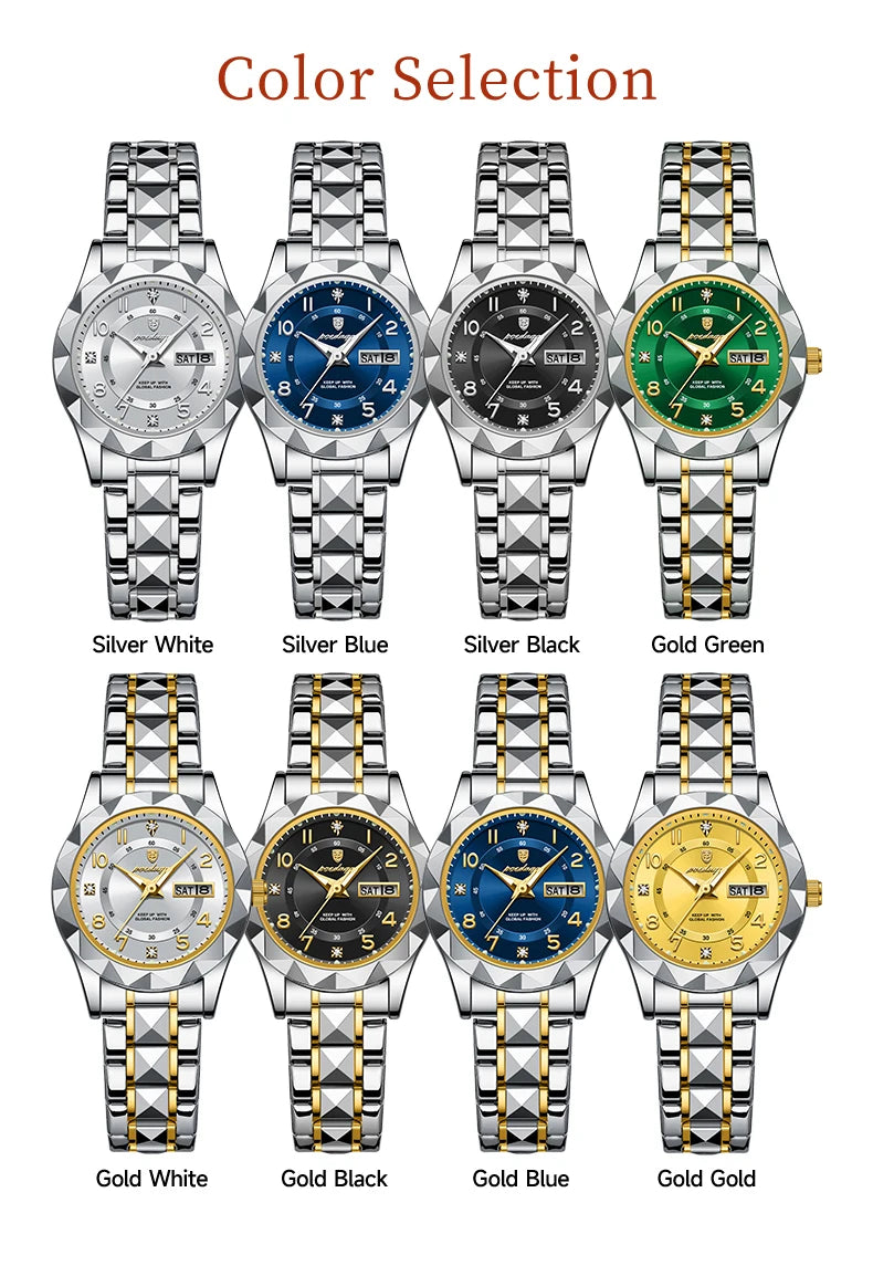 POEDAGAR Luxury Women's Watches Waterproof Luminous Date Week Ladies Watch for Female Quartz Stainless Steel Dress Women Watch