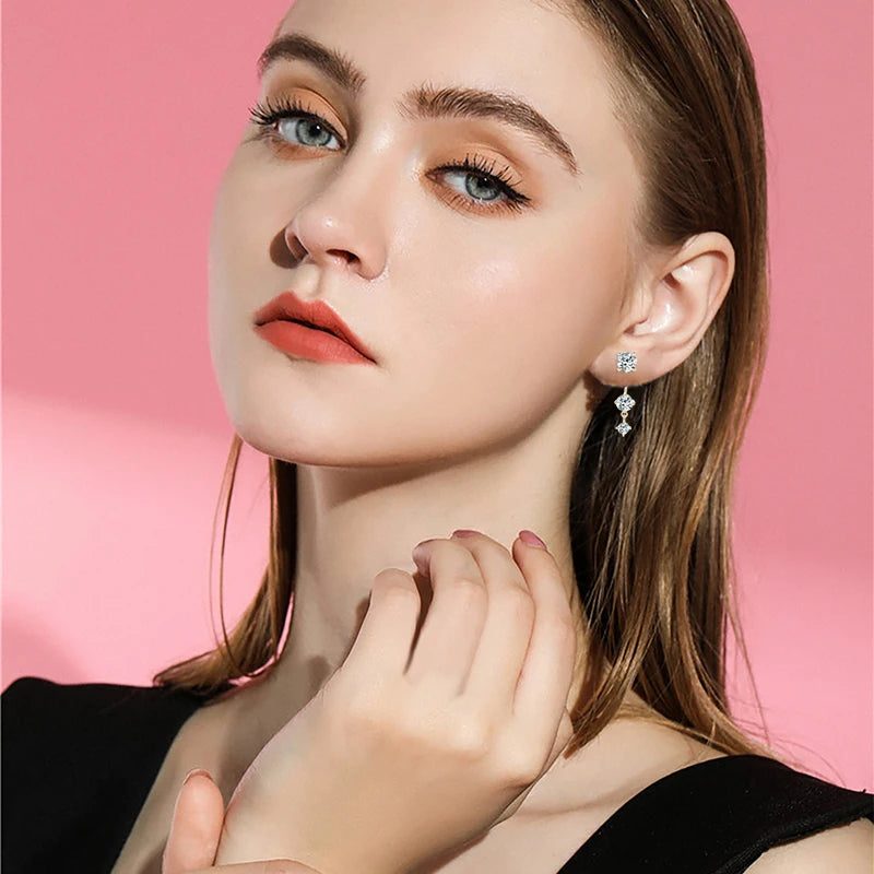 OXTAO Real 925 Silver Round Cut Moissanite Stud Earring Pendant for Women Ear Jacket Earrings D Color Lab Diamond Jewelry Gift