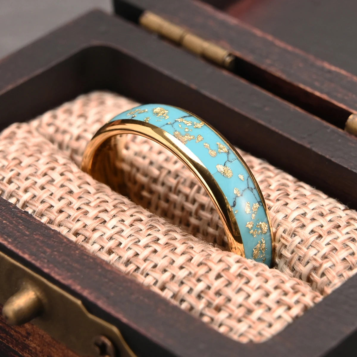 6MM Turquoise Inlay Broken Gold Foil Tungsten Rings Engagement Gold Plating Band For Man Woman Jewelry Luxury Design Gifts