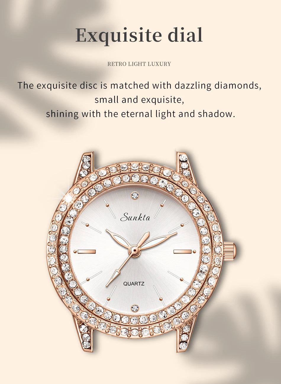 SUNKTA Women Wristwatches Relojes Para Mujer Luxury Classic Golden Watch Women Alloy Strap Round Rhinestone Dail Quartz Watches