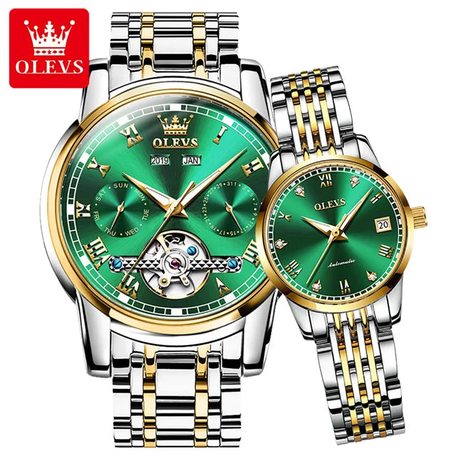 100% Original OLEVS Automatic Mechanical Couple Wrist Watches for Men and Women Waterproof Watches His or Hers Lover's Watch Set