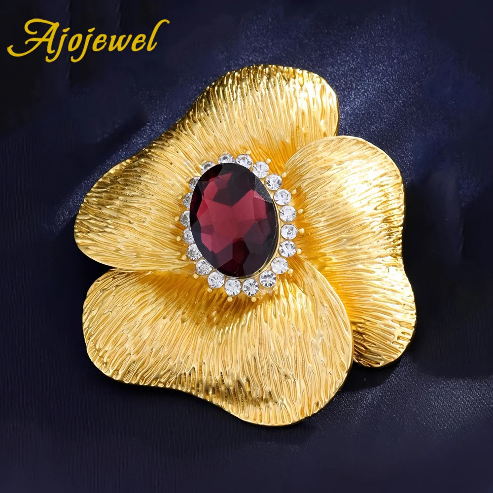 Ajojewel Large Metal Flower Brooch Red/Champagne Crystal Golden Pin Vintage To Clothe Cardigan Fashionable Gift