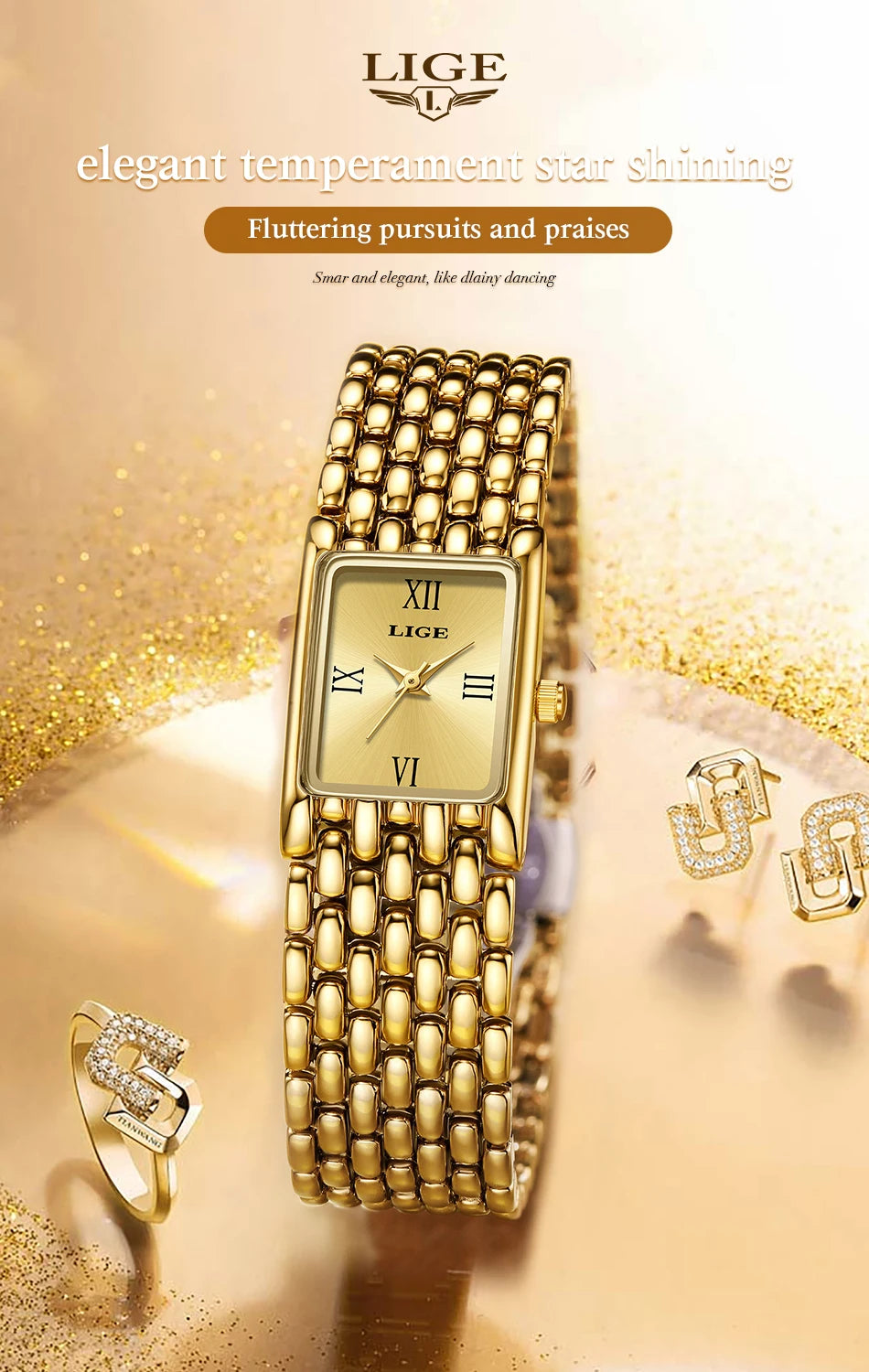 LIGE Silver Watch for Women Square Ladies Quartz Wristwatches Stainless Steel Women Small Gold Watch Luxury Casual Fashion Watch