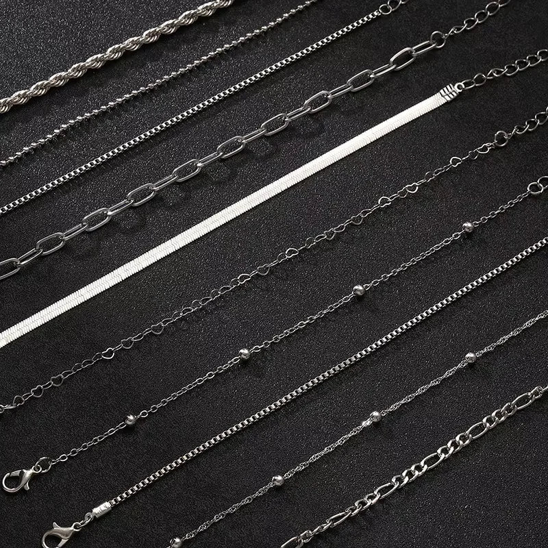 Fashion Flat Snake Chain Box Chain Bracelet Creative Heart-shaped Chain Twisted Chain Stacked Bracelet Set Women's Daily Jewelry