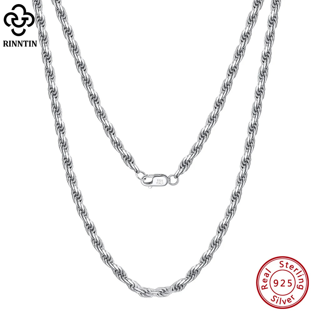 Rinntin Luxury 925 Sterling Silver Diamond-Cut Rope Chain Necklace For Men Women Fashion Italian Silver Neck Chain Jewelry SC29