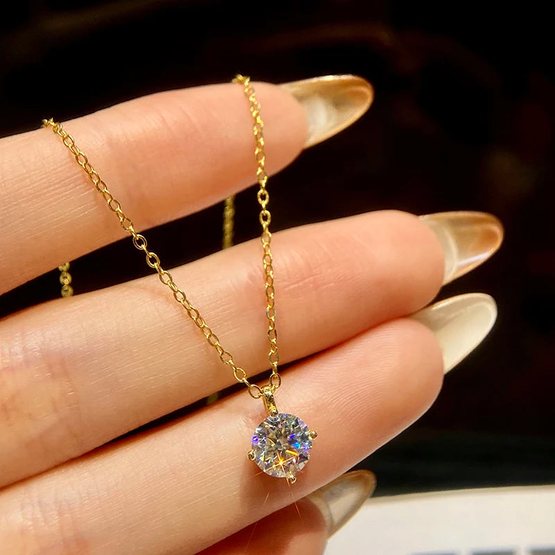 S925 Sterling Silver Brilliant Classic 1-2CT Moissanite Diamond Round Pendant Necklace for Women Engagement Wedding Jewelry