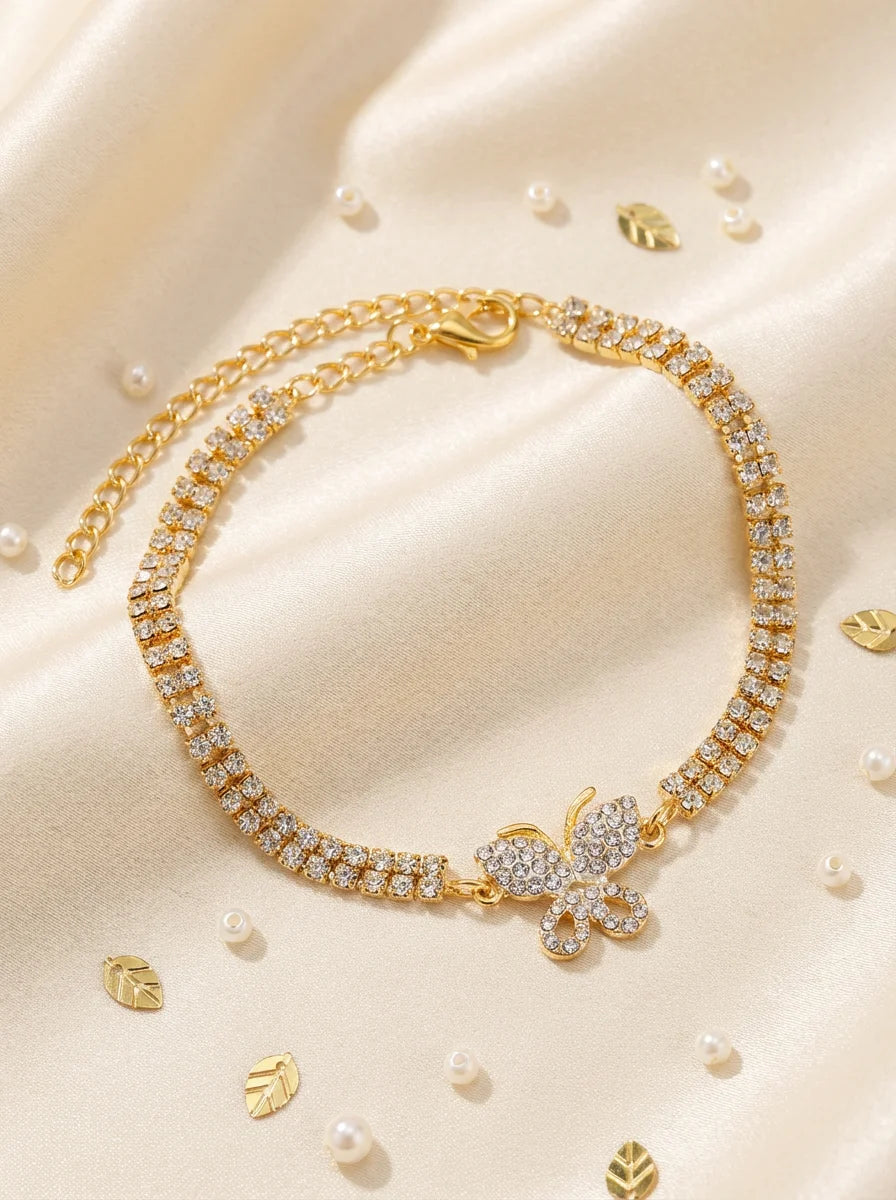 New trendy rhinestone butterfly anklet, minimalist double-row rhinestone-encrusted foot ornament for women.